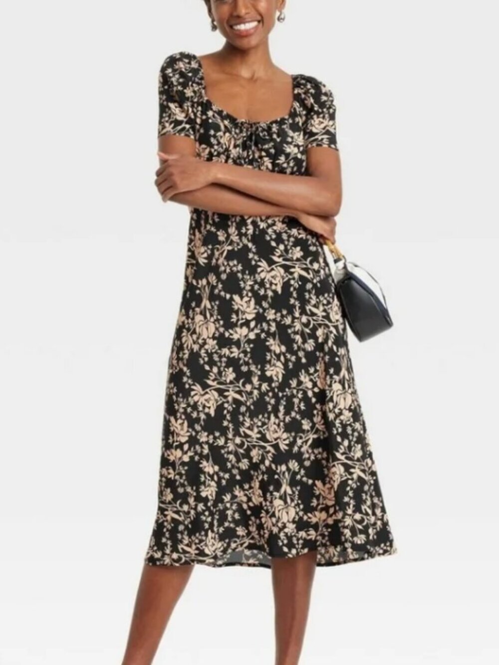 A New Day Black and Beige Floral Midi/Maxi Dress, Size Medium